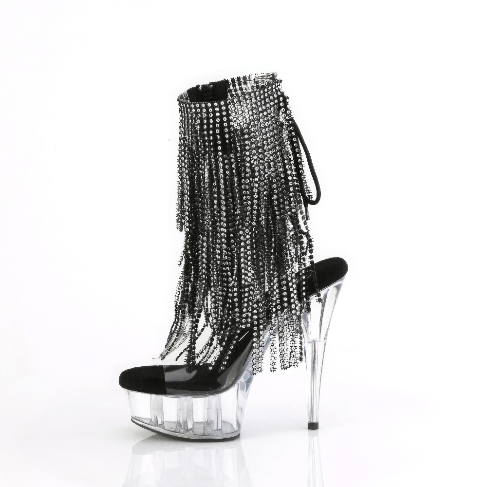 Captivating open toe ankle boots with rhinestone fringe and high heel, perfect for glam occasions.