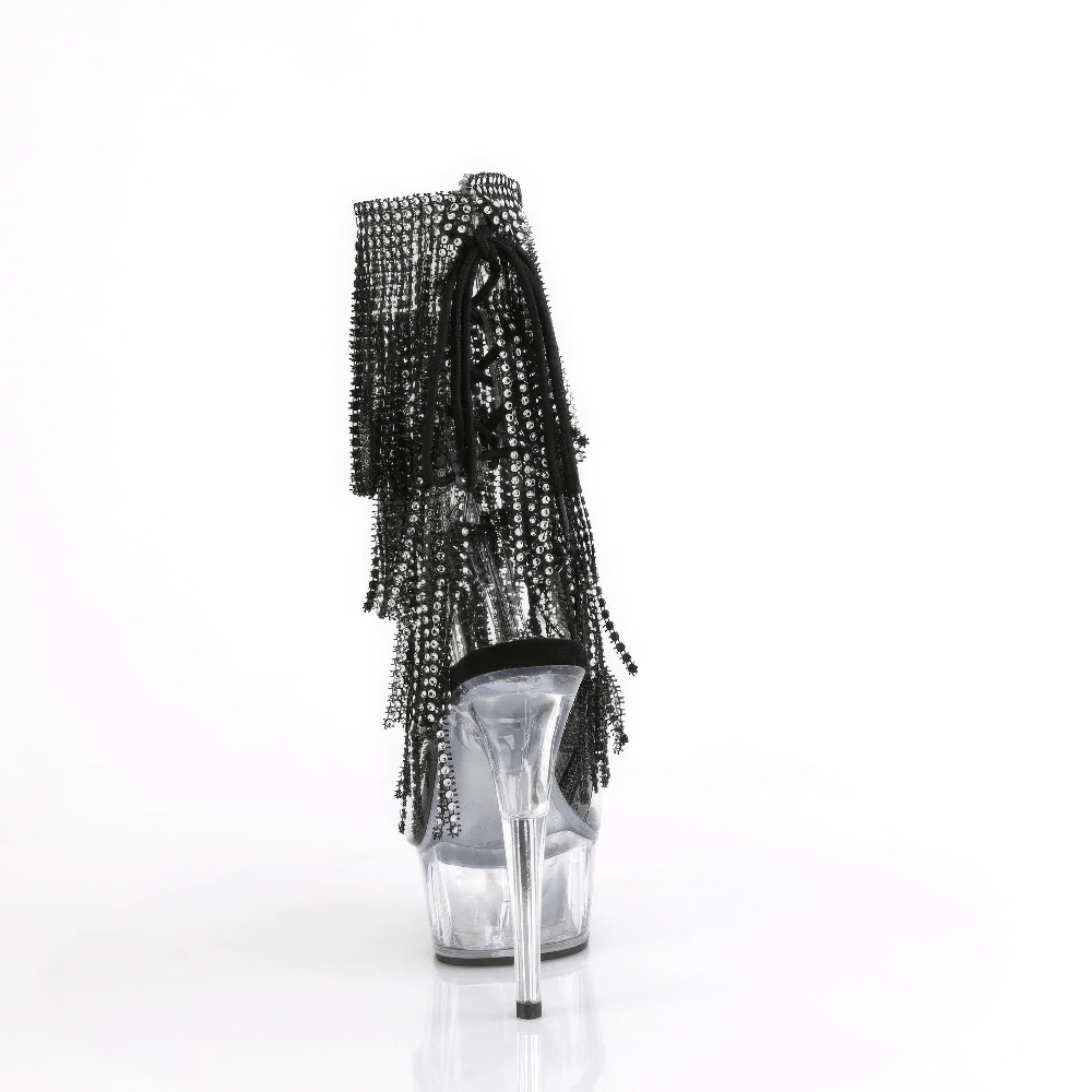 Captivating PLEASER fringe ankle boots showcasing rhinestone details and chic open heel design from the back.