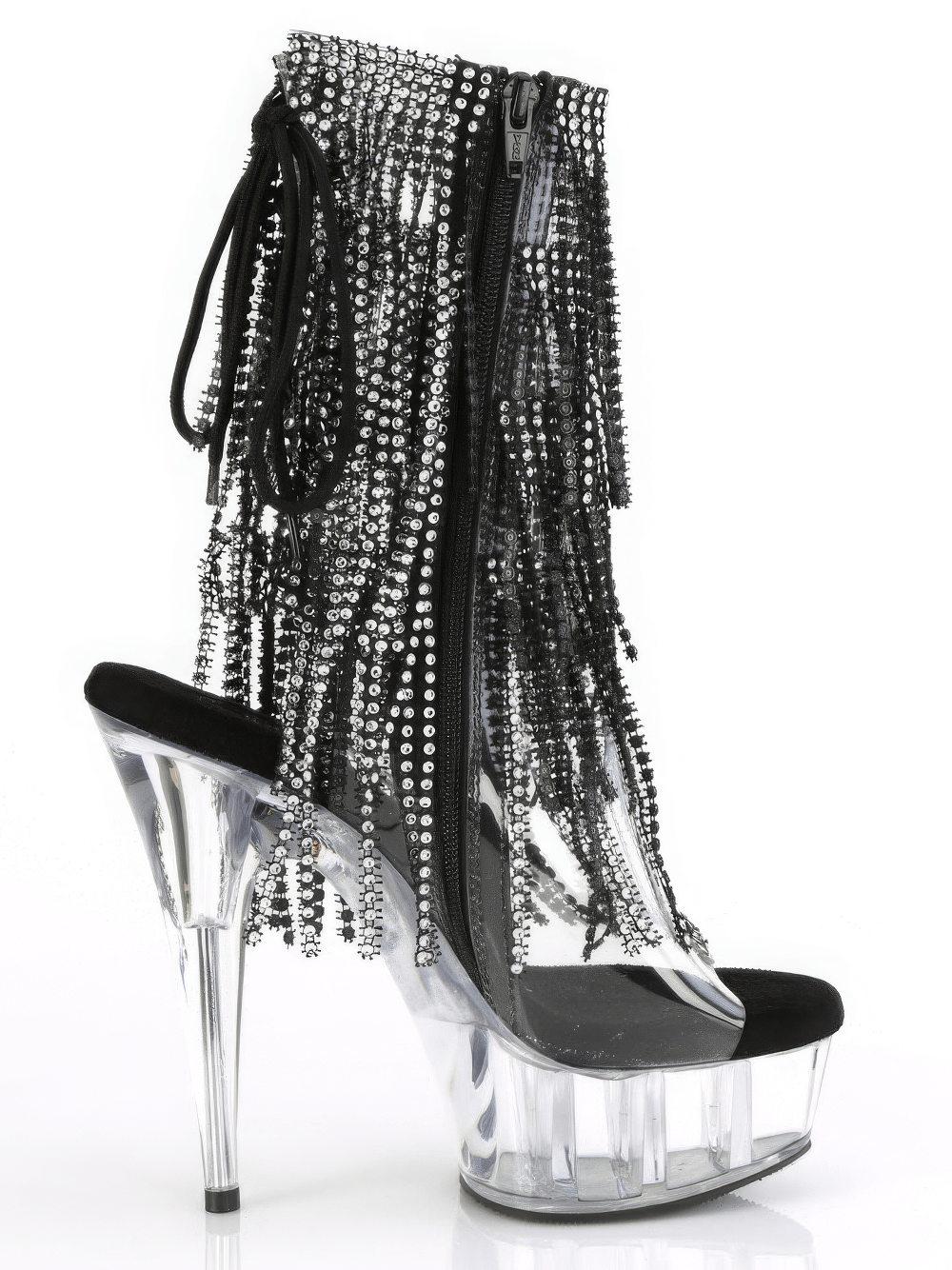Pleaser stunning fringe ankle boots with open toe, rhinestone fringe, and clear heel design.