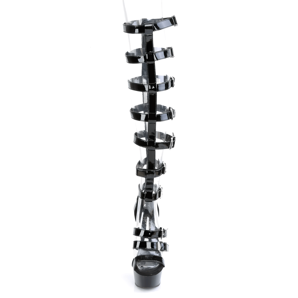 Stylish black gladiator sandal with bold buckles and a towering 6-inch heel, perfect for making a fashion statement.