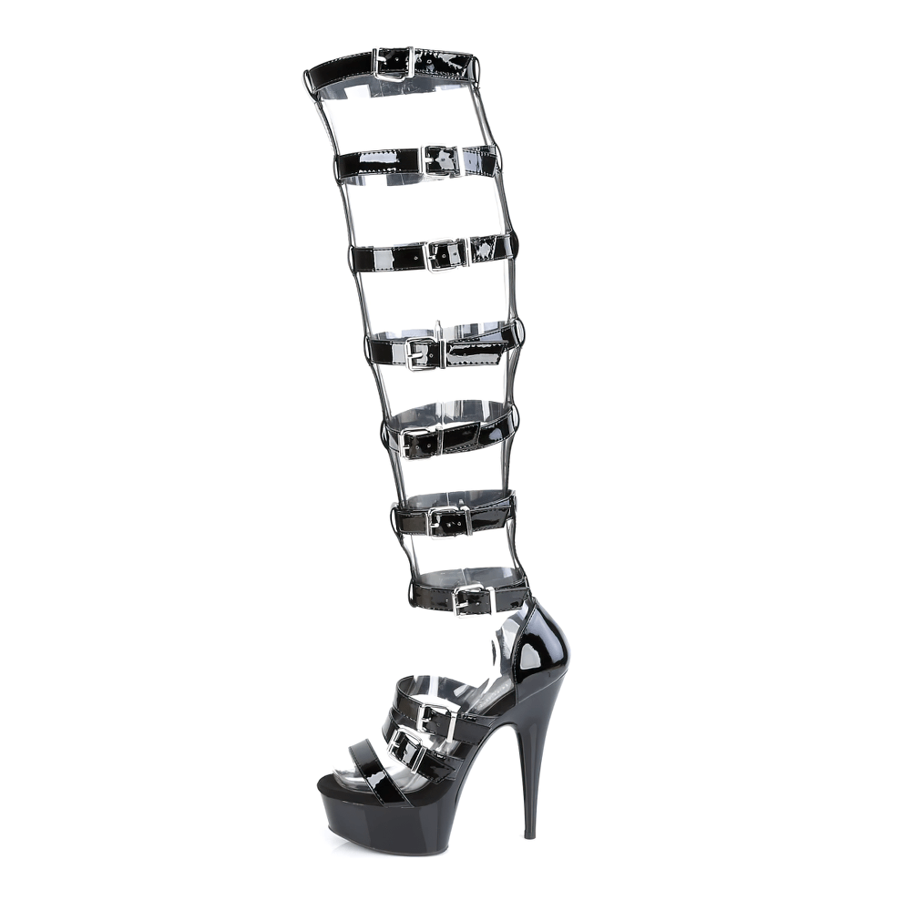 Bold black gladiator sandal boot with high heel and multiple buckle straps for a stylish statement.