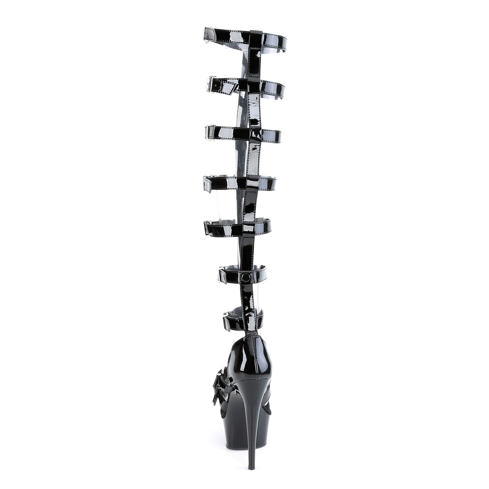 Back view of PLEASER black interchangeable gladiator sandal with bold buckle straps and high heel.