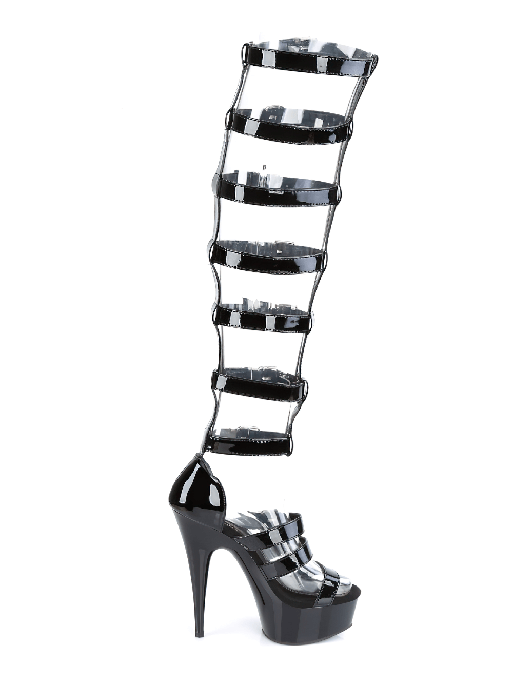 Chic black gladiator sandals with bold buckle straps and a daring 6-inch heel, transforming from ankle to over-the-knee style.