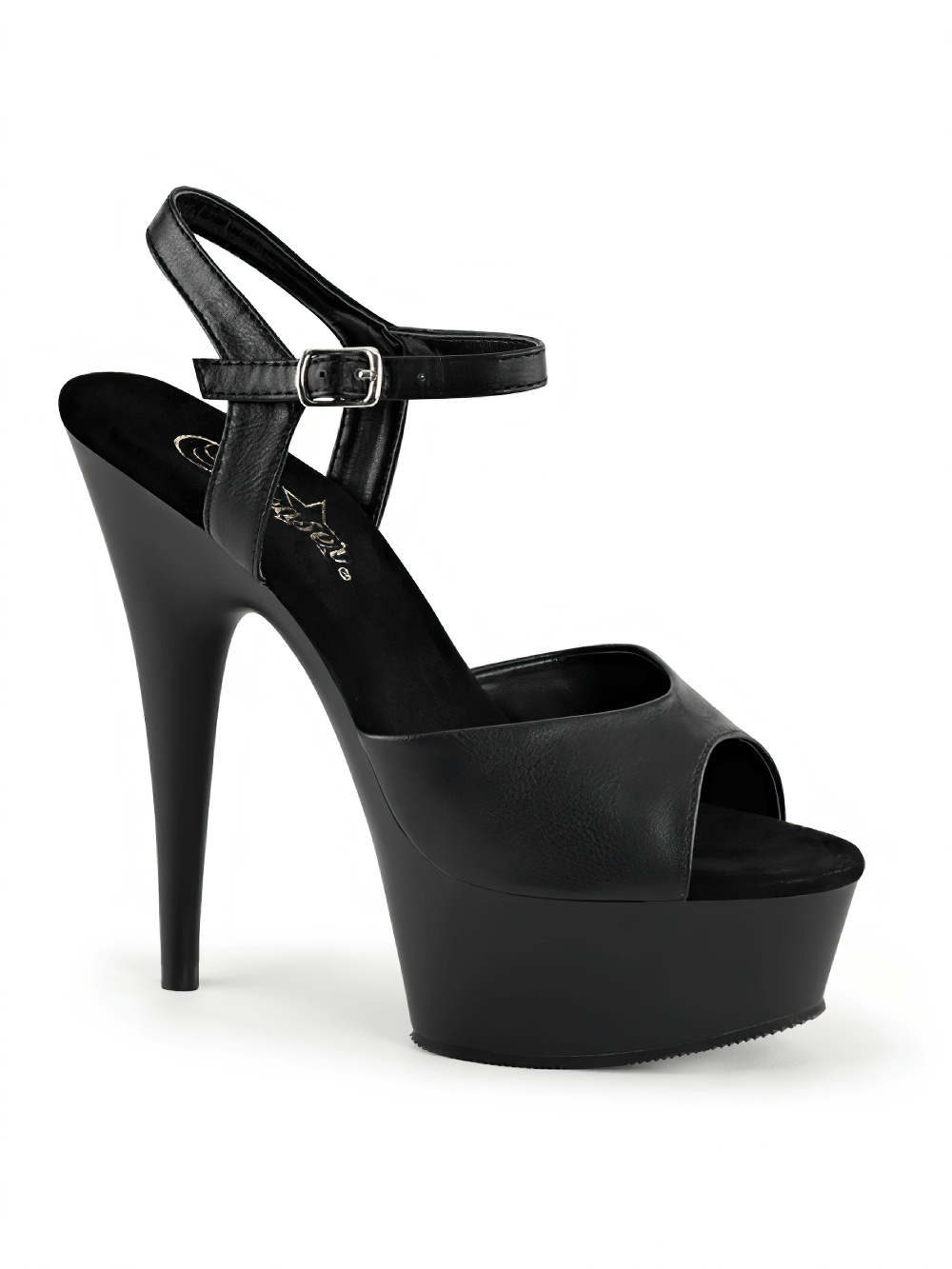 Sleek black peep toe stiletto sandals with adjustable ankle strap and 6-inch high heel for elegant style.