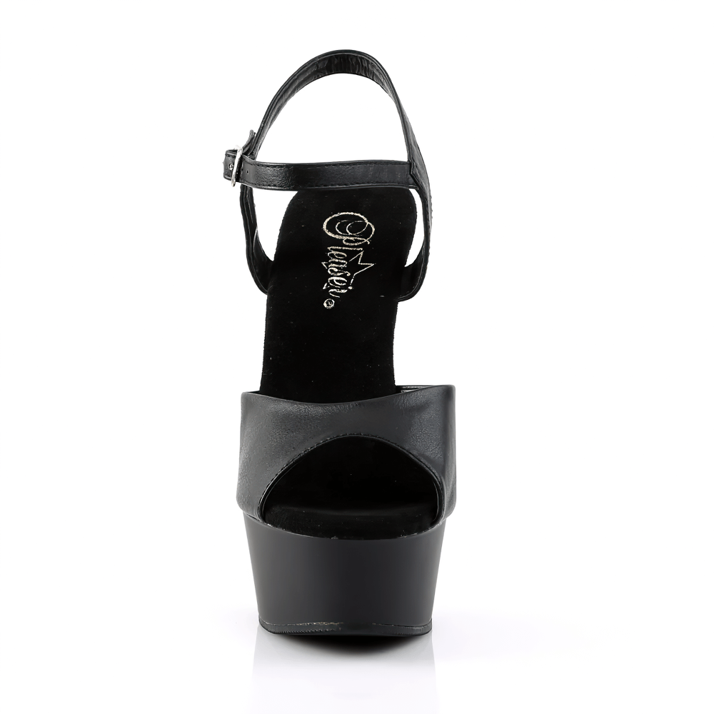 Stylish black peep toe stiletto sandals with adjustable ankle strap and 6-inch heel, perfect for any fashionable outfit.