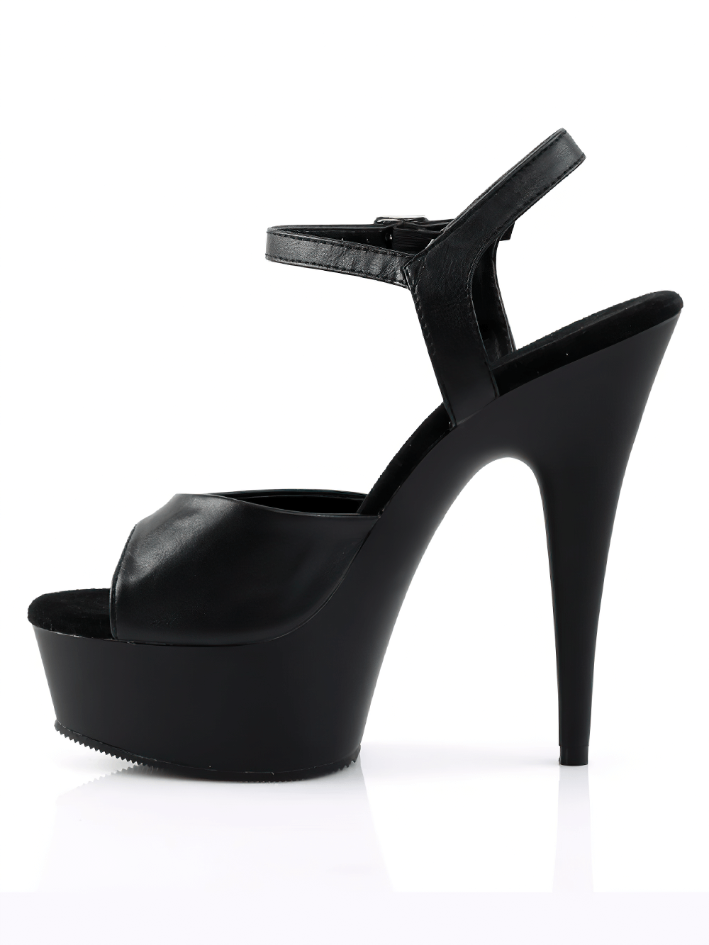Stylish black peep toe stiletto sandals with adjustable ankle strap and 6-inch heel, perfect for elegant outfits.