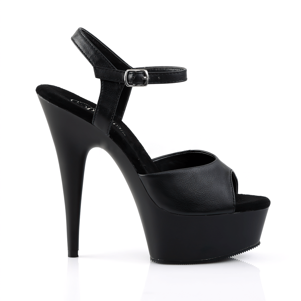 Stylish black peep toe stiletto sandals with adjustable ankle strap and 6-inch heel for elegant looks.