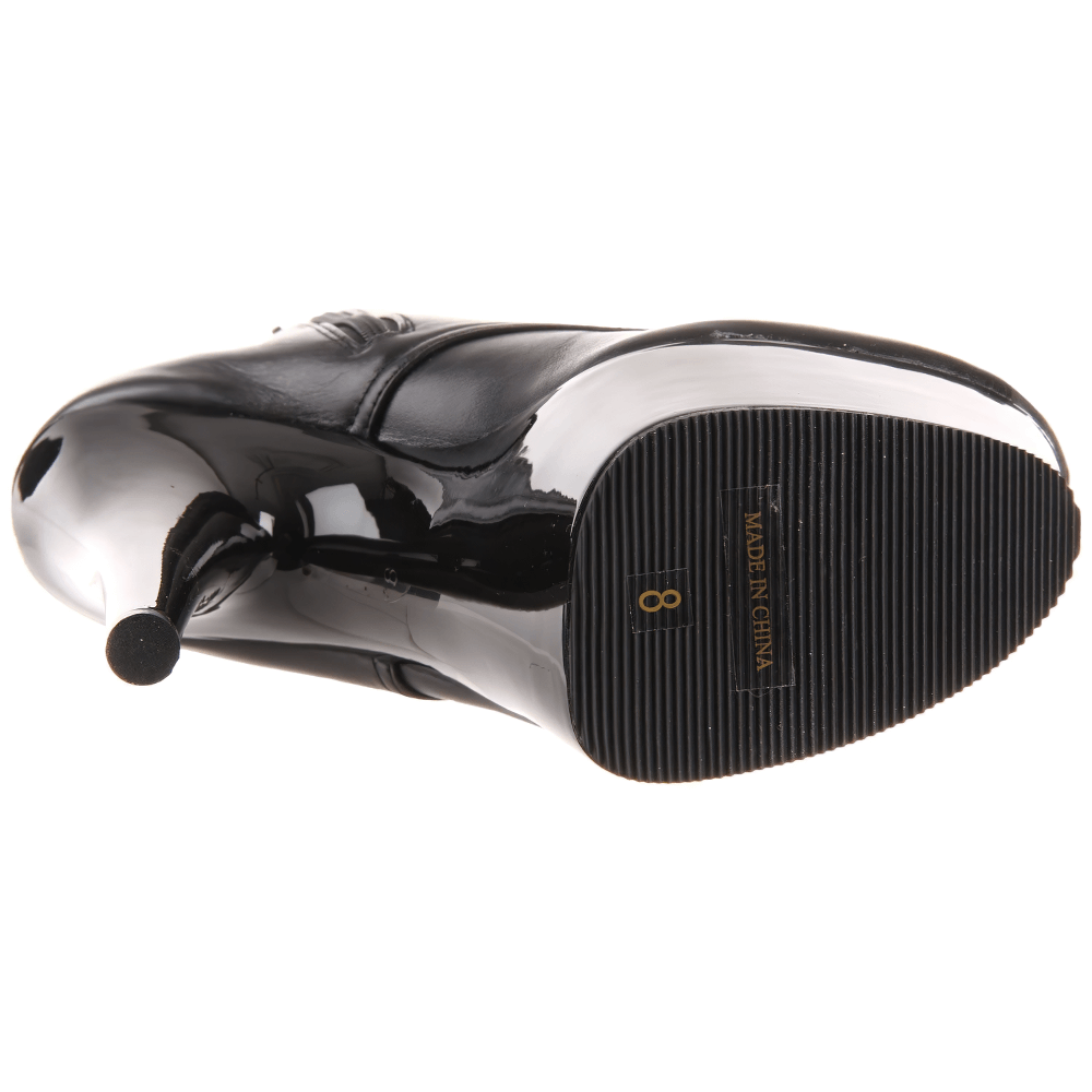 Sleek black stiletto lace-up ankle boots, showcasing the sole and heel details for stylish women's footwear.