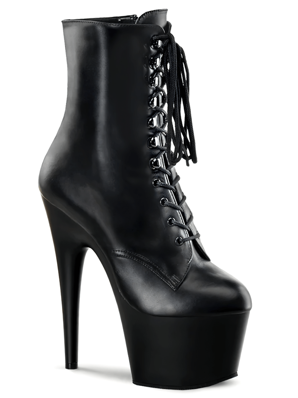 Chic black stiletto lace-up ankle boots with a high heel and platform for a stylish and elevated look.