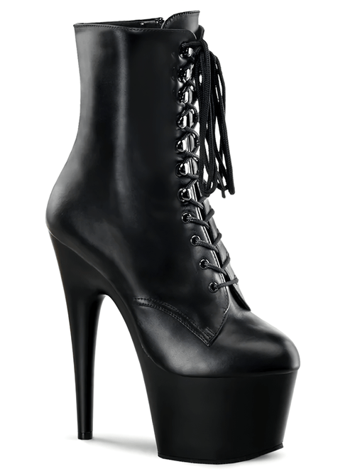 PLEASER おしゃれな黒の細いかかとの編み上げアンクルブーツ