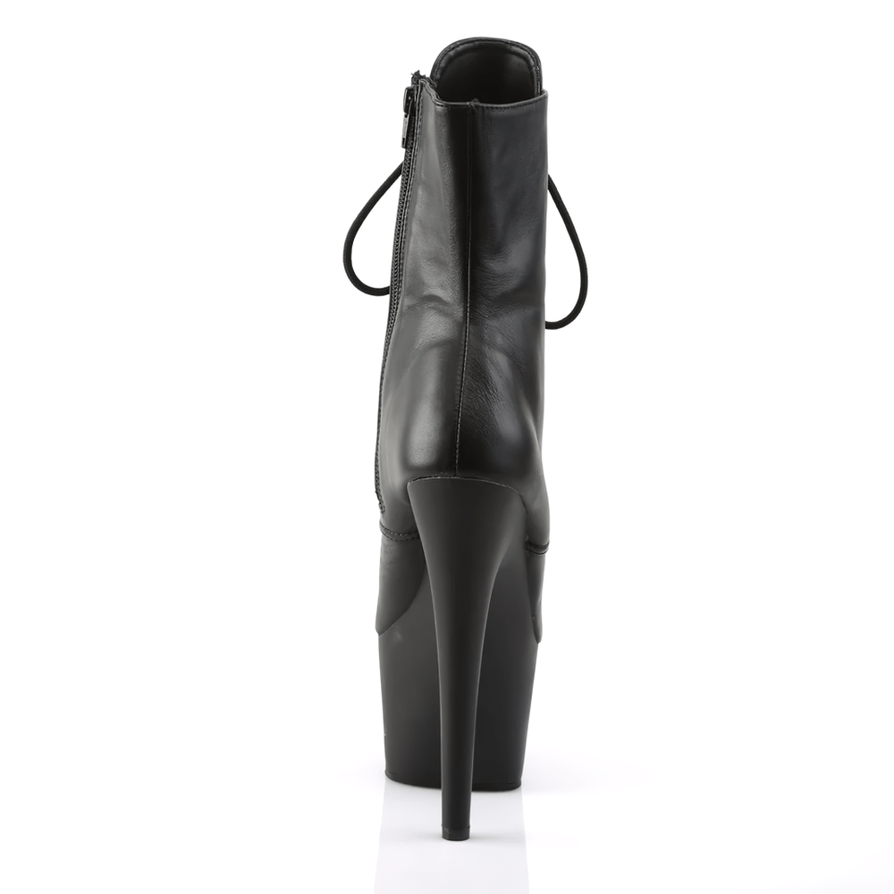Stylish black stiletto lace-up ankle boots with a 7-inch heel and sleek zip-back design.