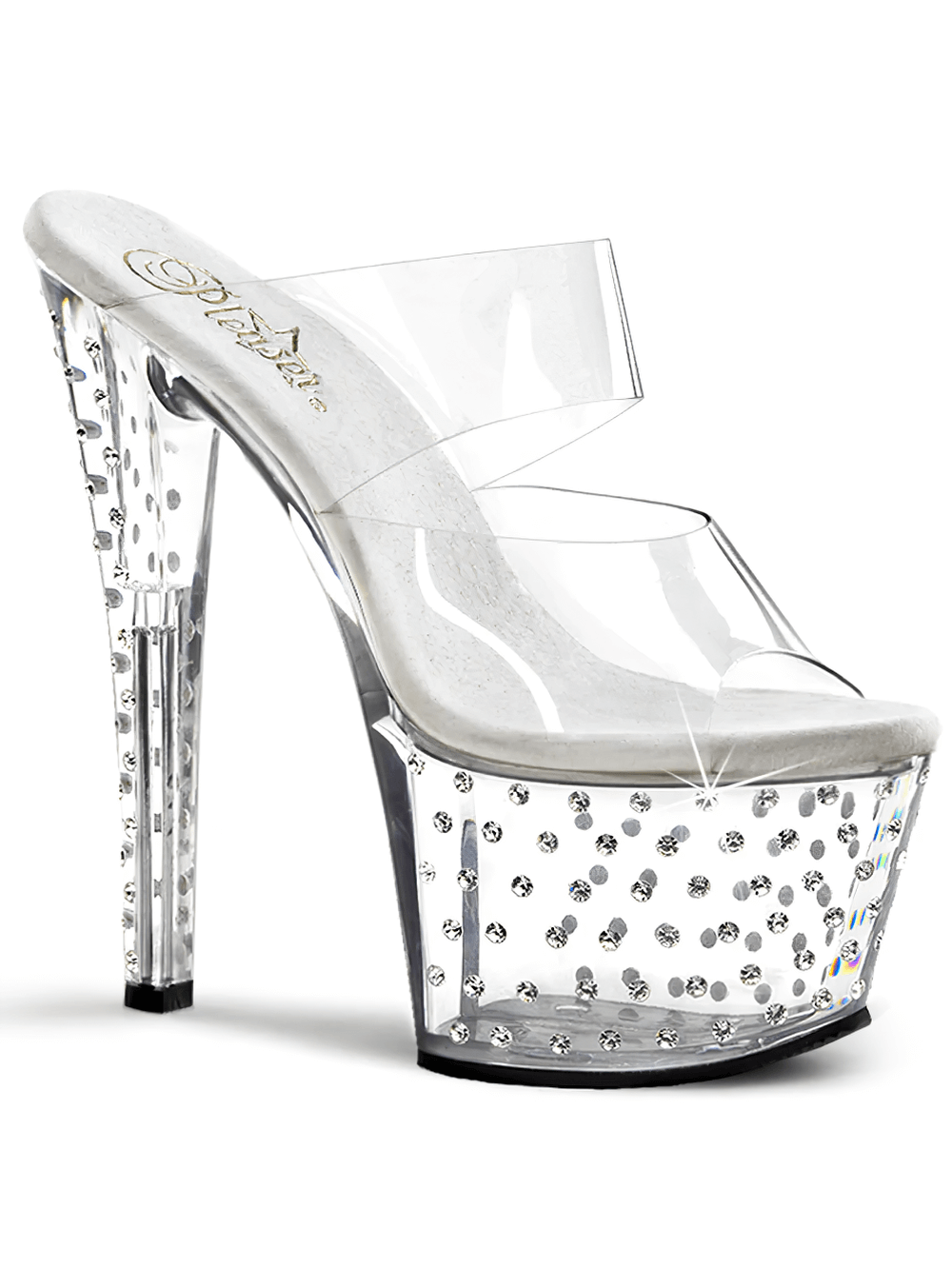 Stylish clear rhinestone platform slide sandals with 7-inch heel and dazzling studded platform, perfect for glamorous outfits.