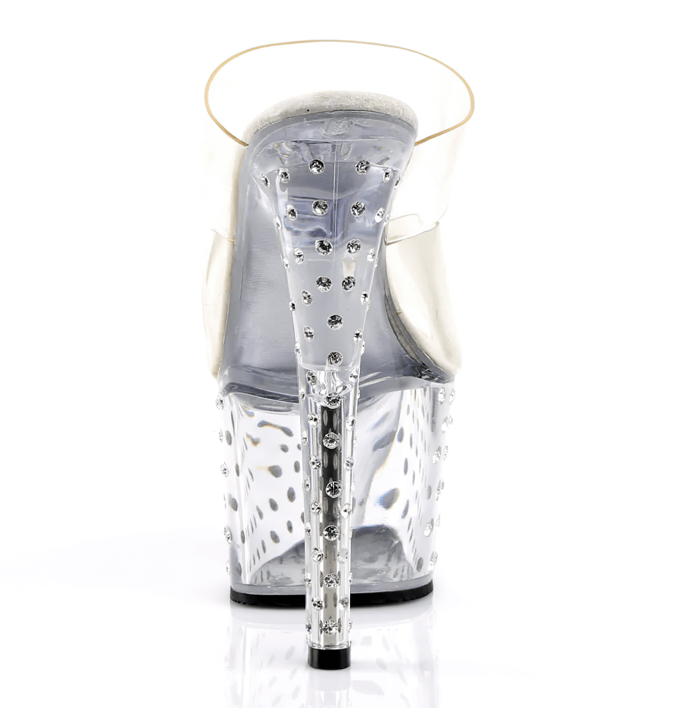 Back view of stylish clear rhinestone platform slide sandals with a 7-inch heel and dazzling rhinestone details.