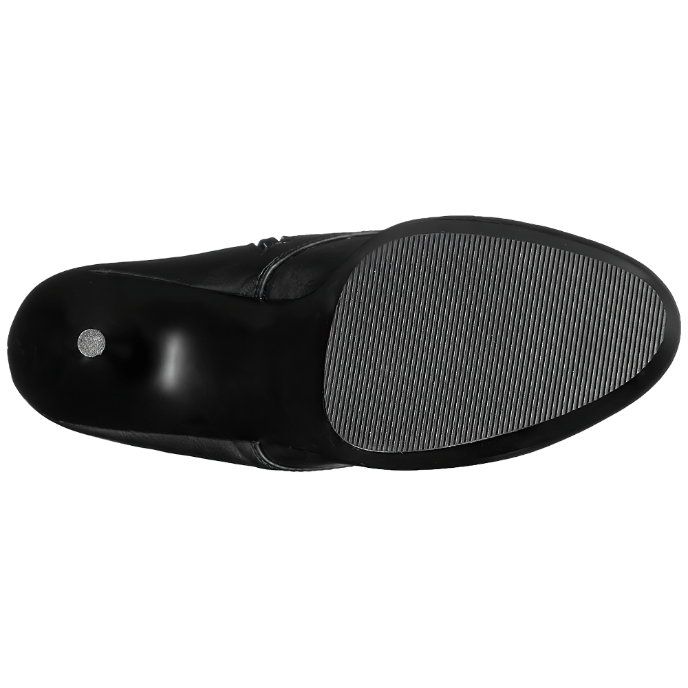Sleek black sole of Pleaser stylish lace-up stiletto ankle boots showcasing platform design and traction.