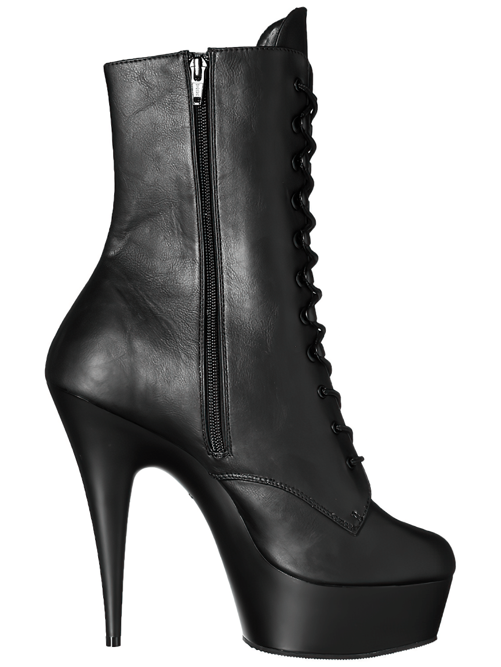 Black lace-up stiletto ankle boots with side zip and 6-inch platform heel for bold style.