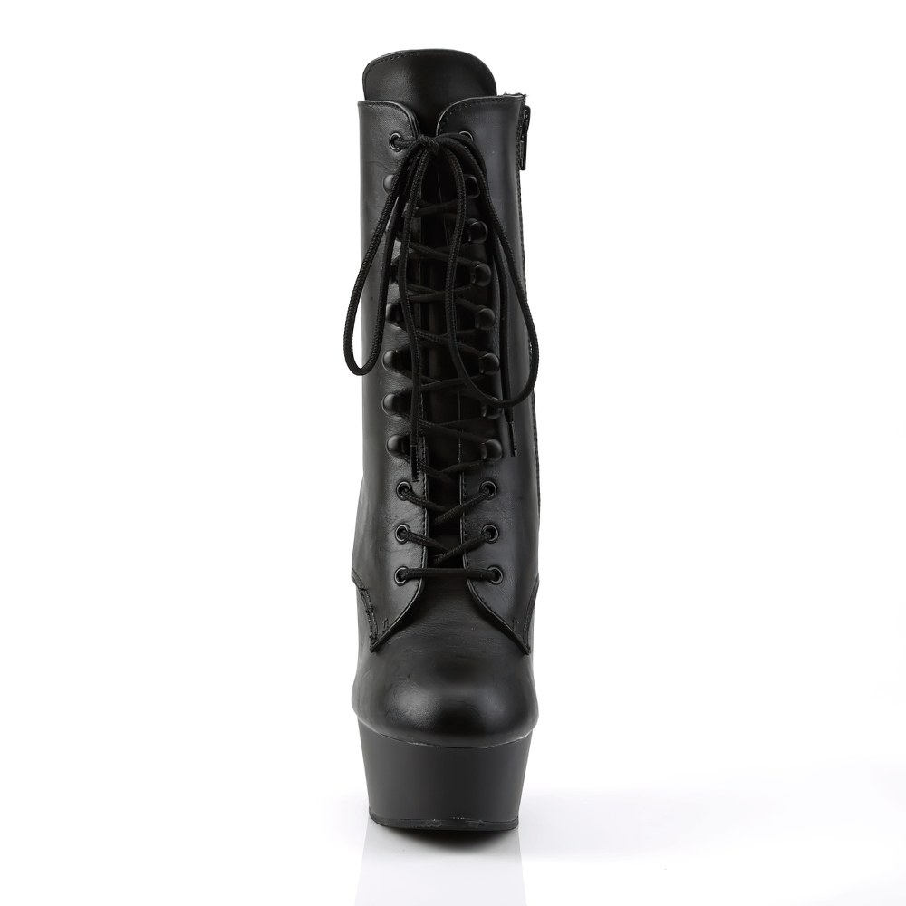 Stylish black lace-up stiletto ankle boots with platform, featuring a side zip for a secure fit.