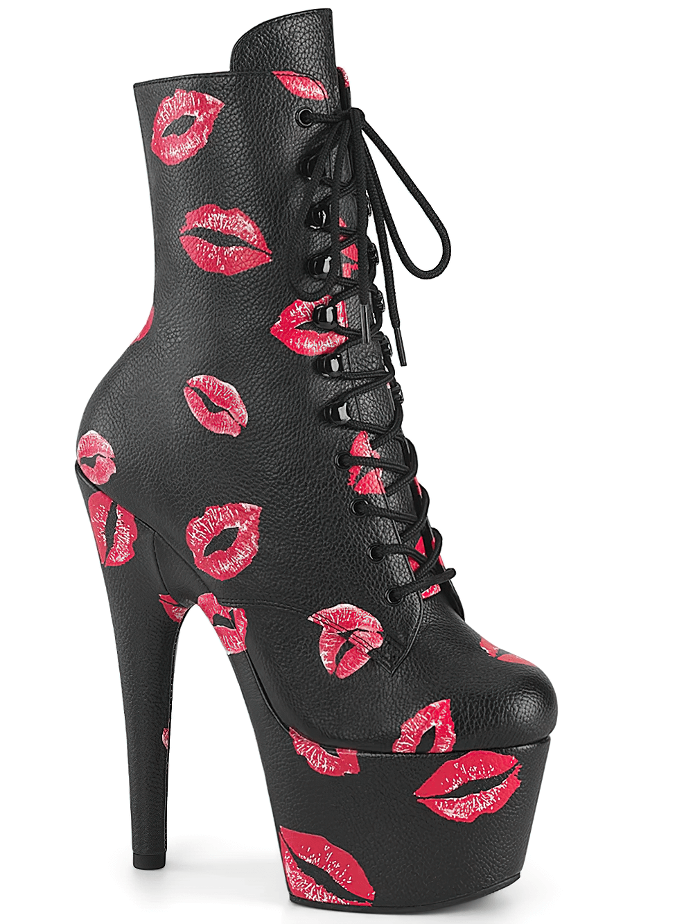 Stylish black lace-up ankle boots with bold red lips print, featuring a high heel and platform for a striking look.