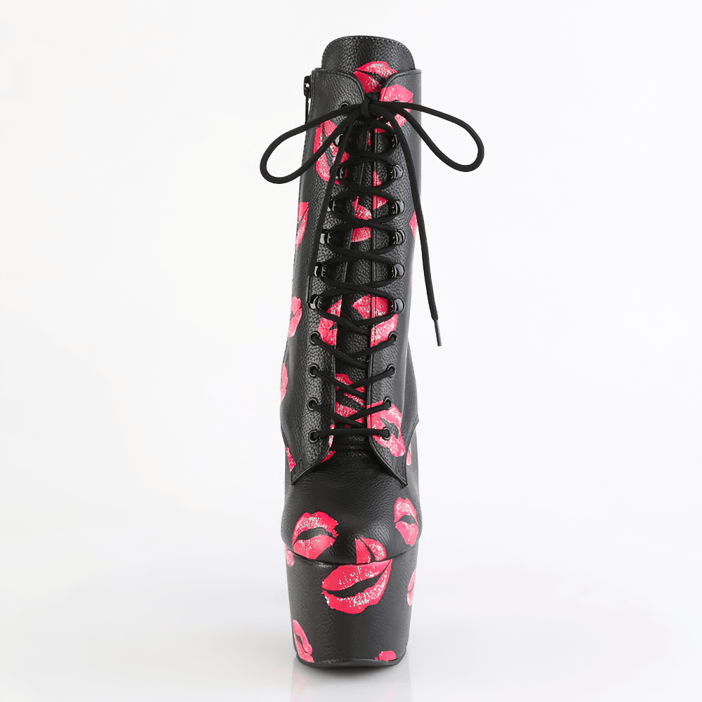 PLEASER Stylish Ladies Kiss Print Lace-Up Ankle Boots in black leather with red lips design, featuring a high platform and lace-up front.