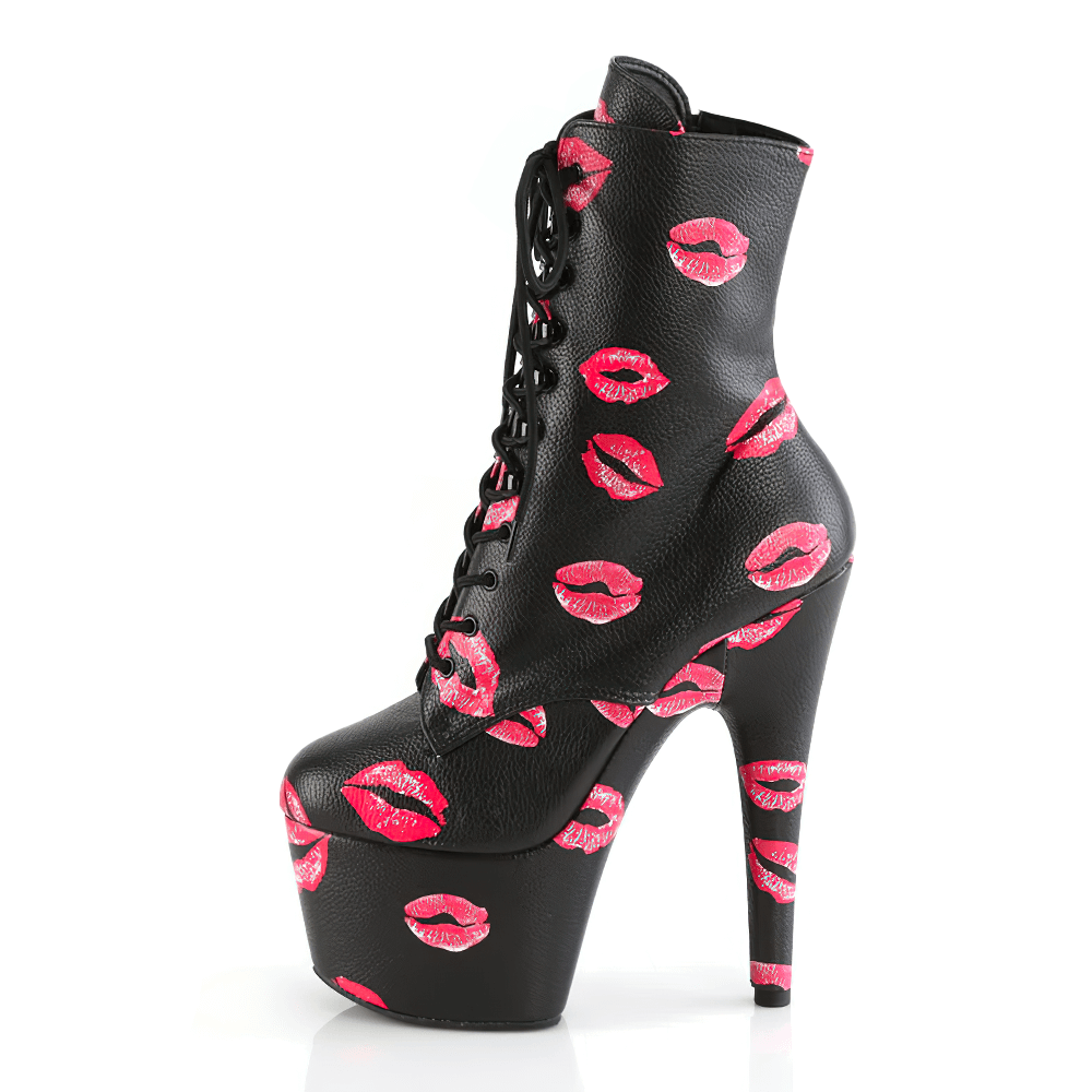 PLEASER Women's stylish lace-up ankle boots with red lips print, 7-inch heel, and a bold black vegan leather design.