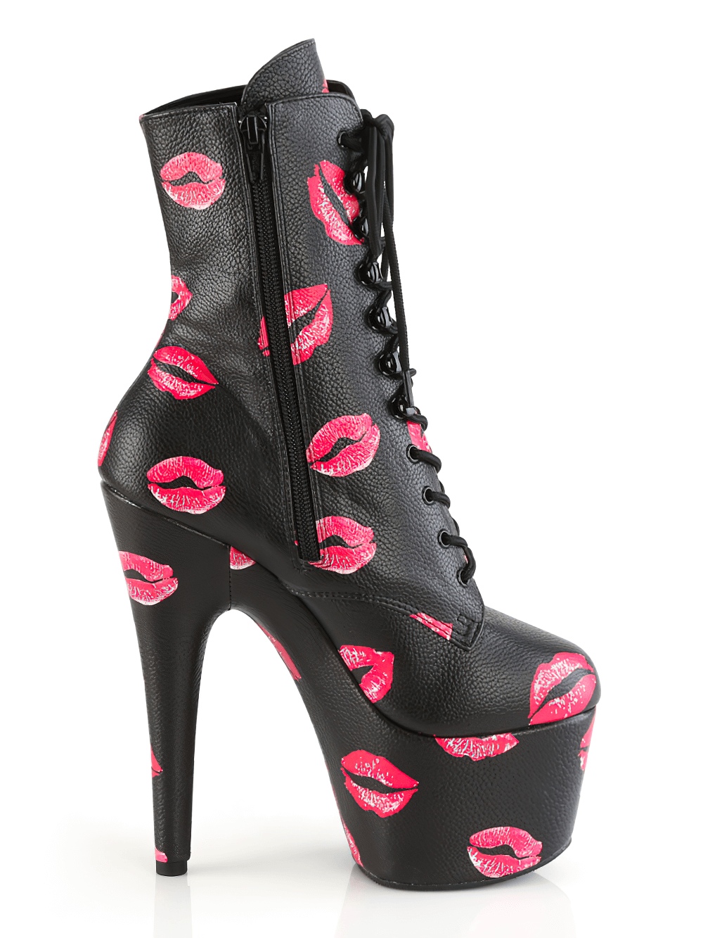 Stylish lace-up ankle boots with bold red lips print on black vegan leather, featuring a high heel and platform.