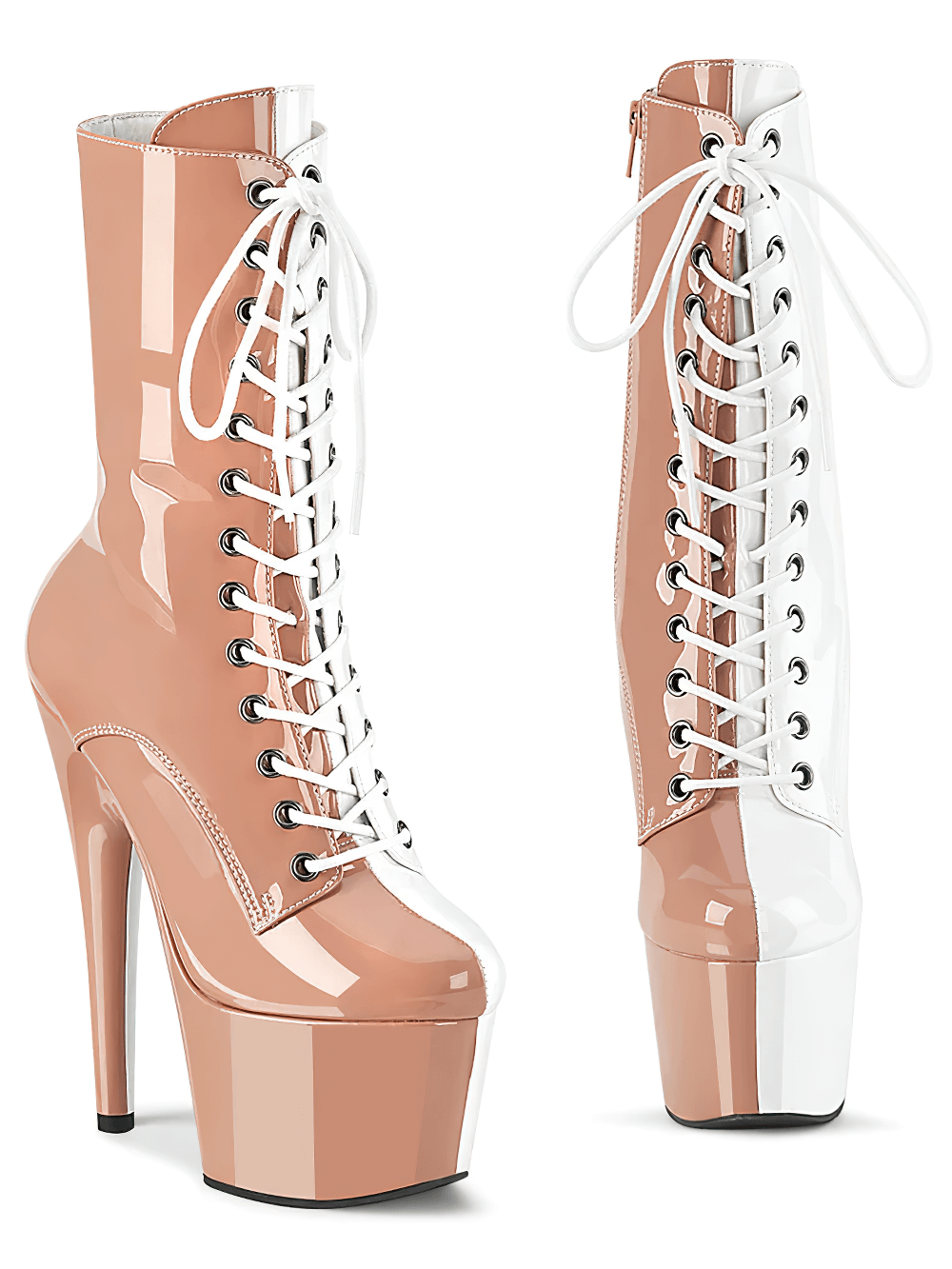 Stylish two-tone lace-up ankle boots with high heels and platform, featuring a chic dual-color design.