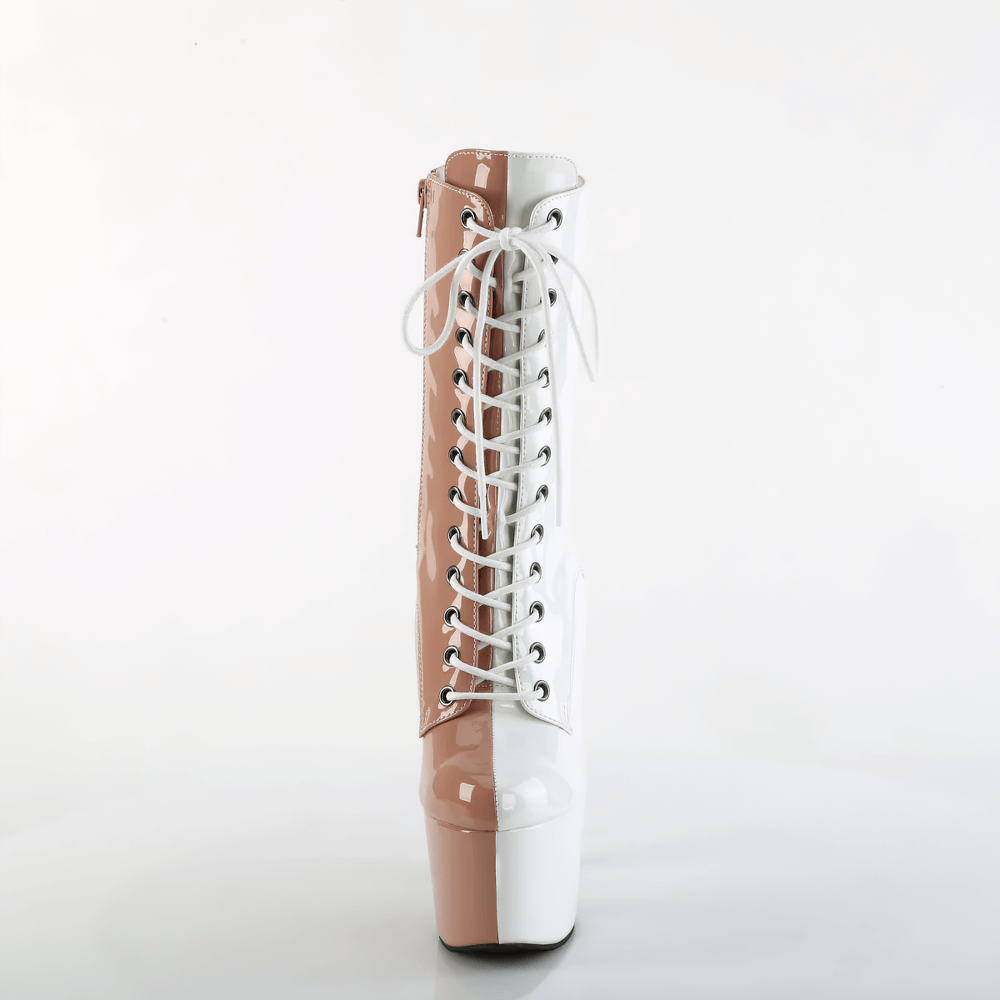 Stylish two-tone lace-up ankle boots with a bold heel and platform, featuring a chic side zip closure.