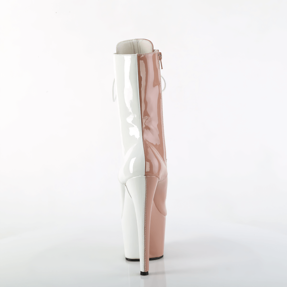 Stylish two-tone lace-up ankle boots with side zip and high heel, showcasing a chic design and bold platform.