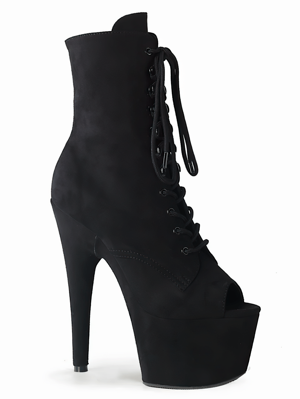 Bold black suede lace-up open toe ankle boots with a 7-inch heel and platform for a chic, edgy look.