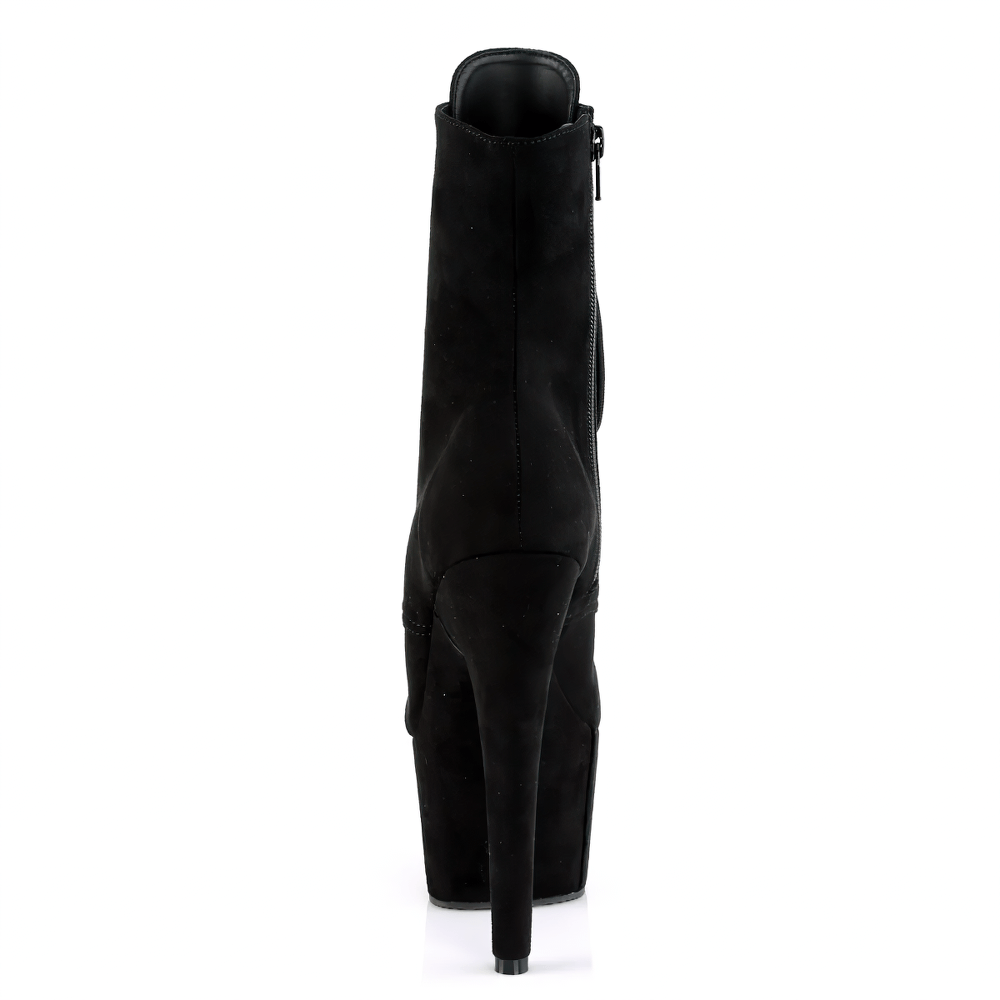 Back view of PLEASER suede lace-up open toe ankle boots with 7-inch heel and platform, showcasing sleek black design.
