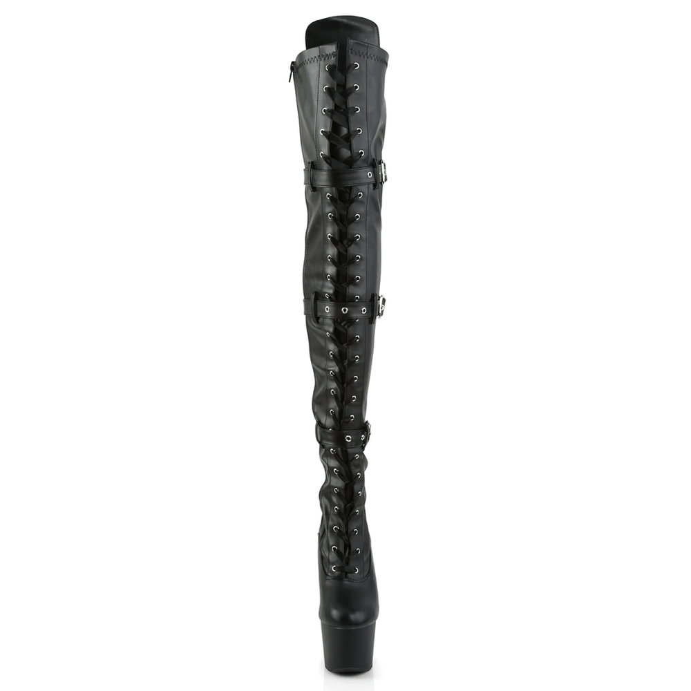 Sleek black thigh-high boots with triple buckle and lace-up design, featuring a stunning stiletto heel and side zip.