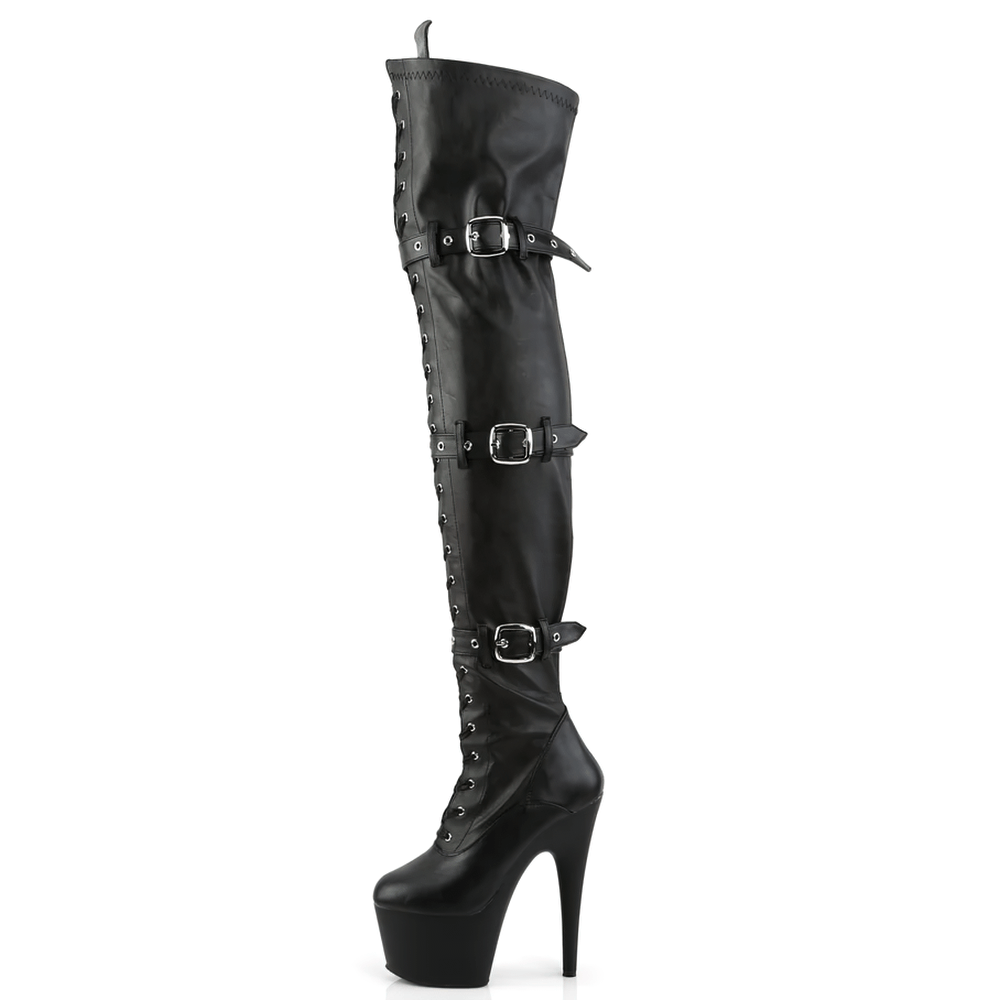 Stunning PLEASER thigh-high black lace-up boots with triple-buckle straps and towering stiletto heels.