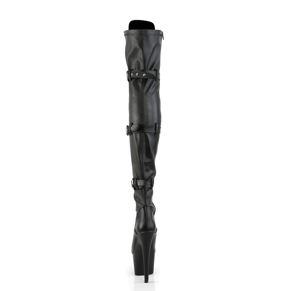 Stylish PLEASER thigh-high triple-buckle lace-up boots with stiletto heels in sleek black finish.