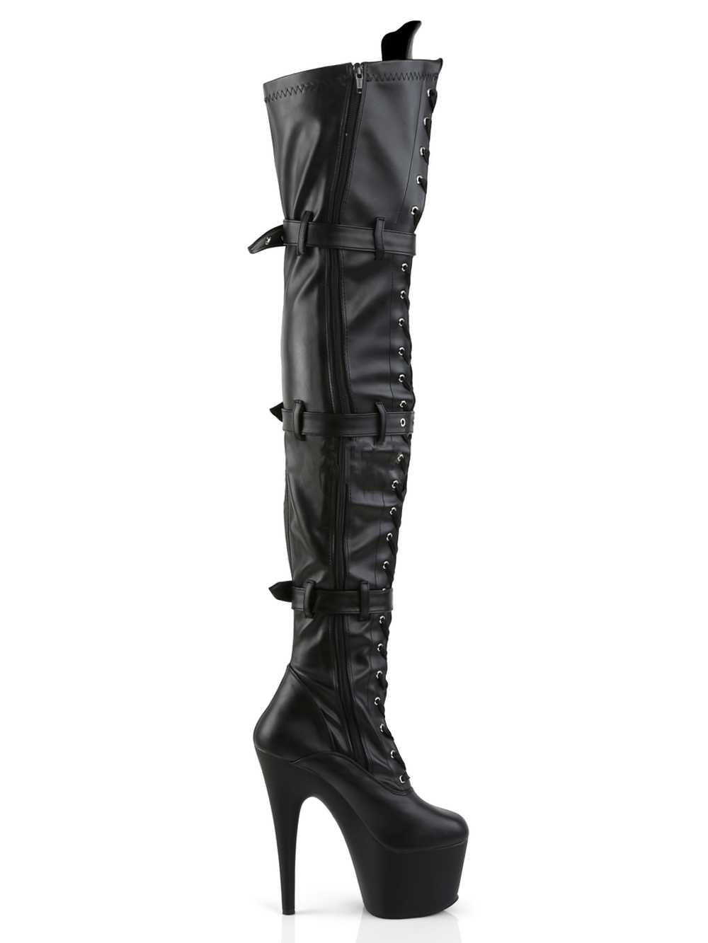 Sleek black thigh-high boots with stiletto heels, lace-up front, and triple buckle straps, perfect for a bold fashion statement.