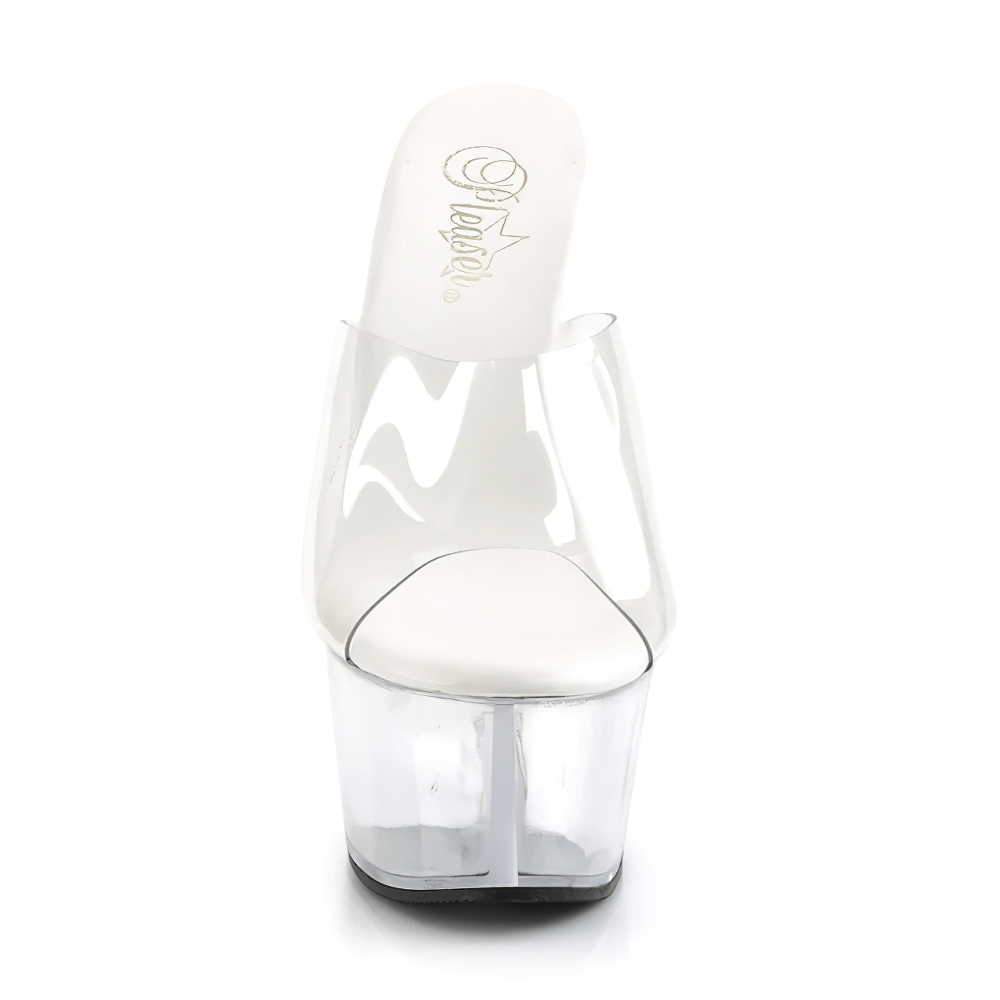 Chic transparent platform slides with vegan leather for women, featuring a stylish 6-inch heel and 2.25-inch platform.