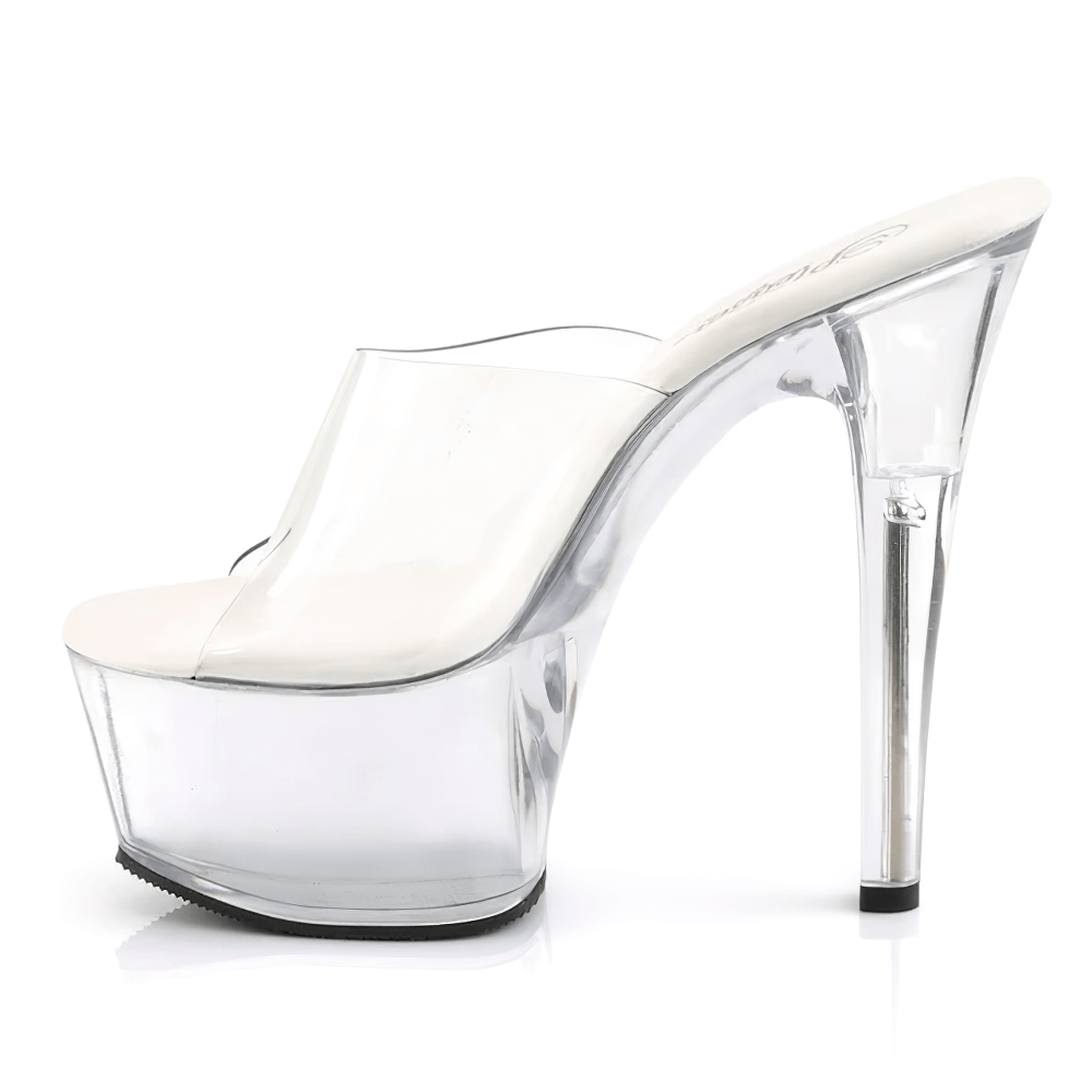 Chic transparent platform slides with vegan leather, featuring a striking 6-inch heel and 2.25-inch platform.