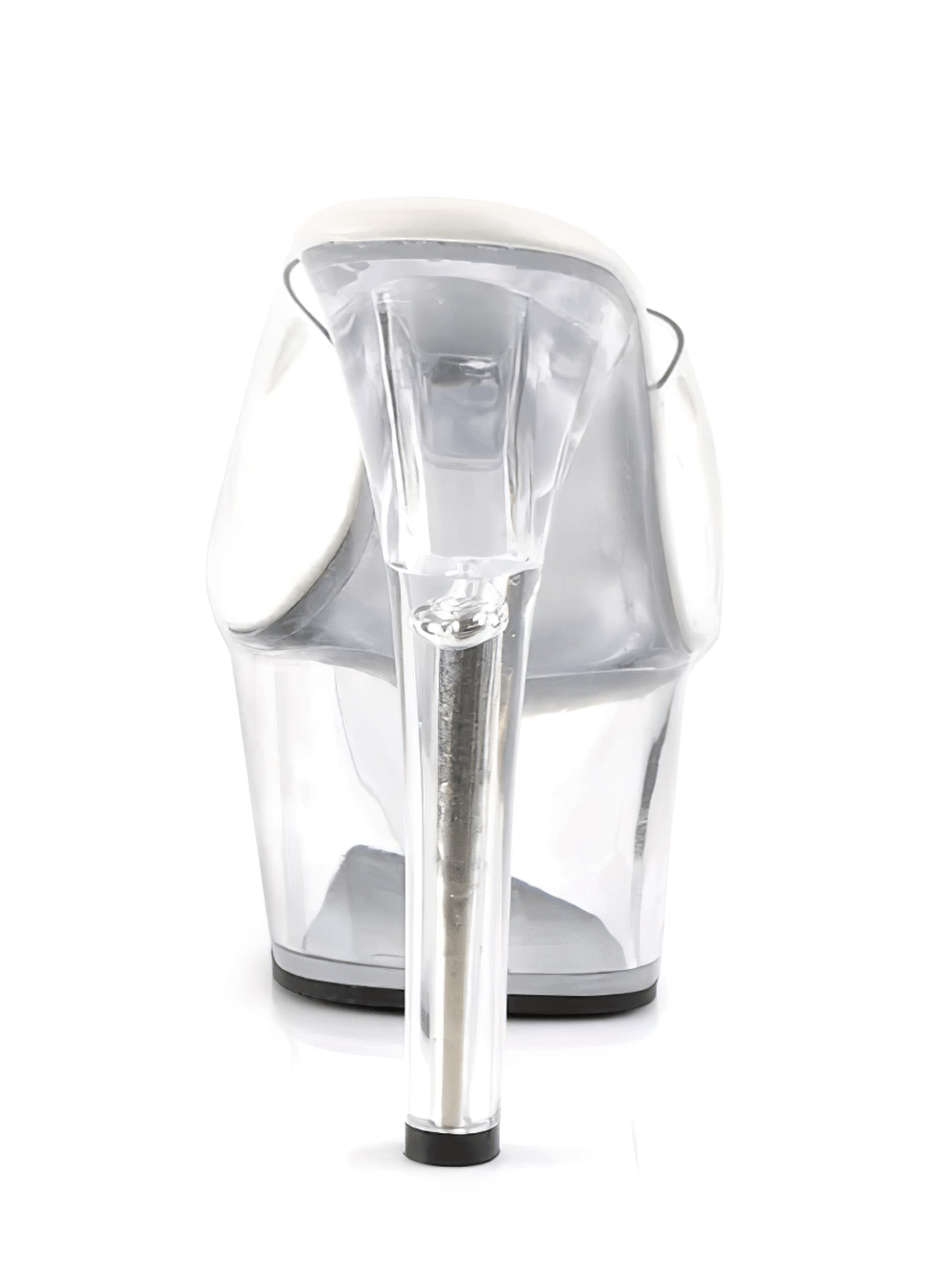 Back view of PLEASER transparent platform slides featuring a chic 6-inch heel and vegan leather design.