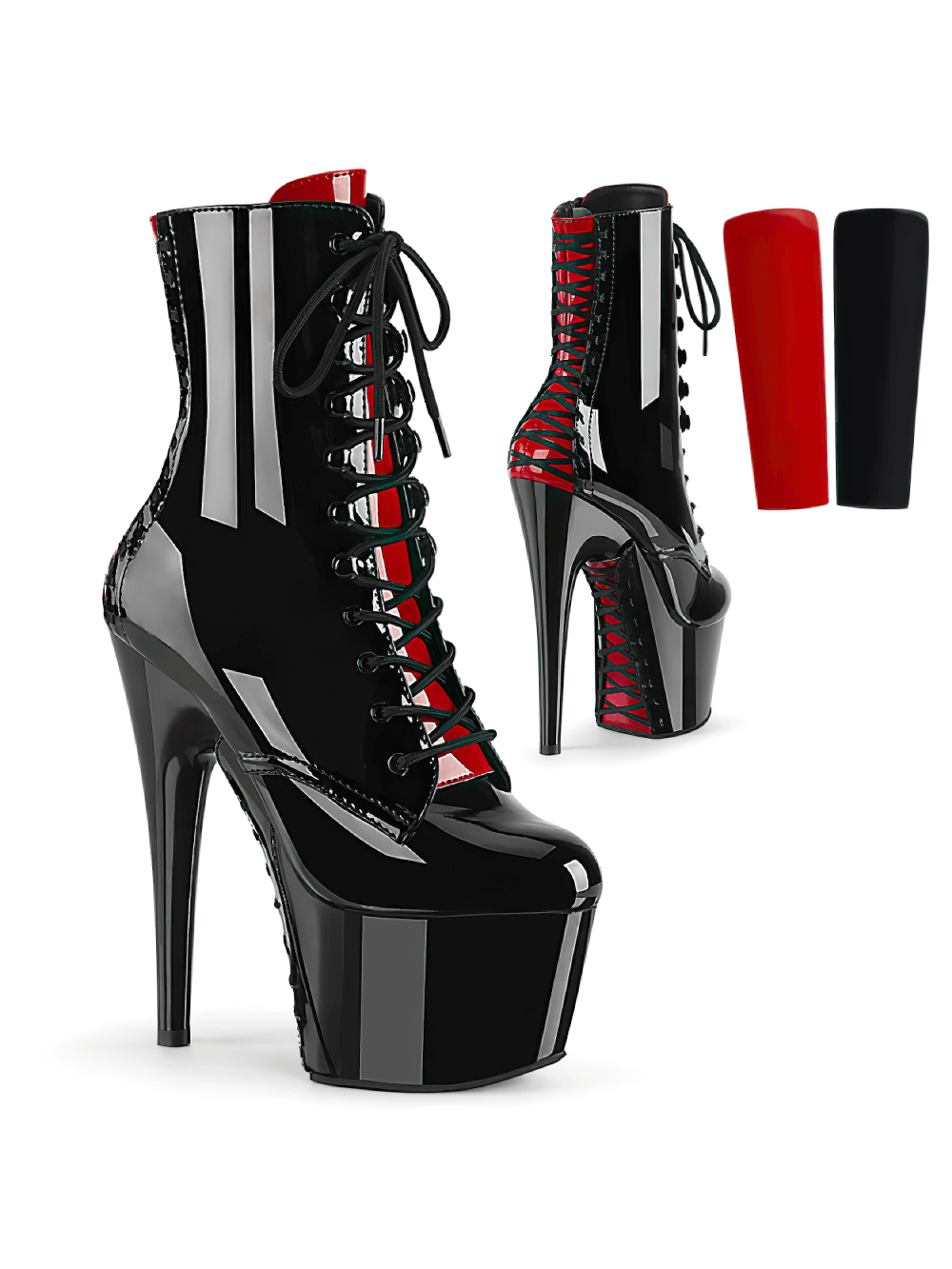 Two-tone Pleaser ankle boots with interchangeable tongues, 7-inch heels, and corset lacing detail.