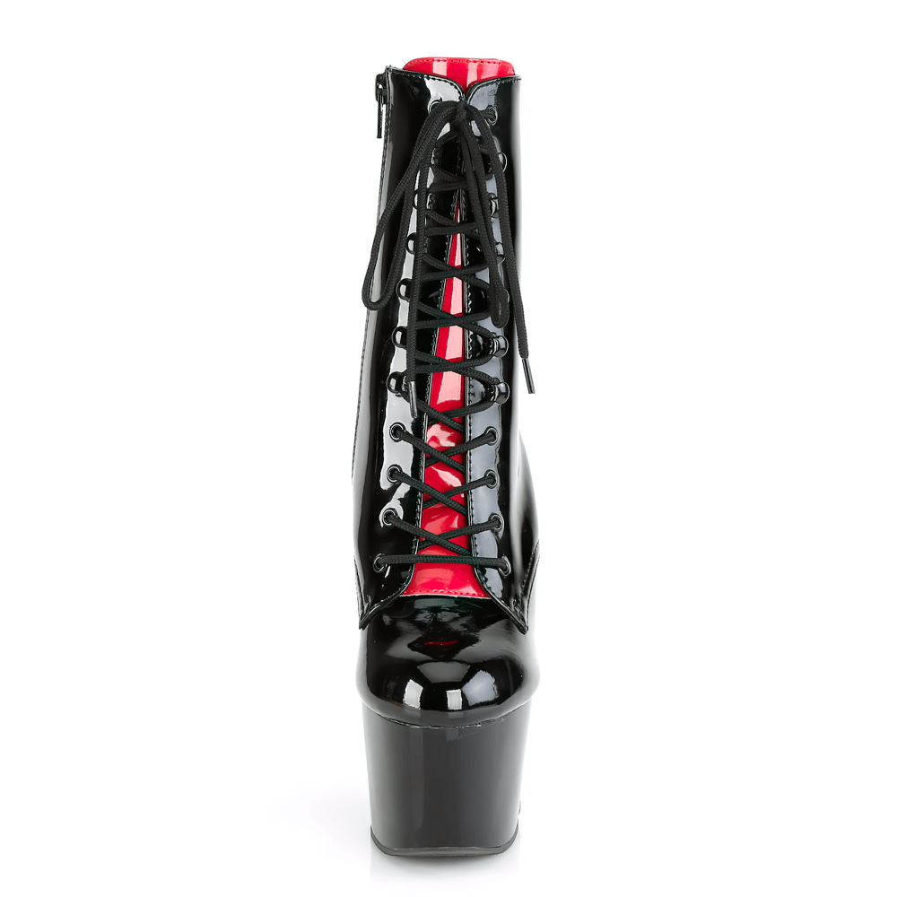 Black two-tone ankle boots with adjustable red tongue and corset lacing detail, featuring a 7-inch heel and platform.