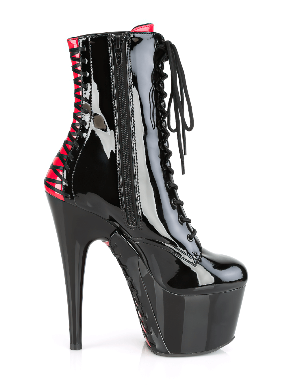 Stylish Pleaser two-tone ankle boots with 7-inch heel and corset lacing detail, featuring interchangeable red and black tongues.