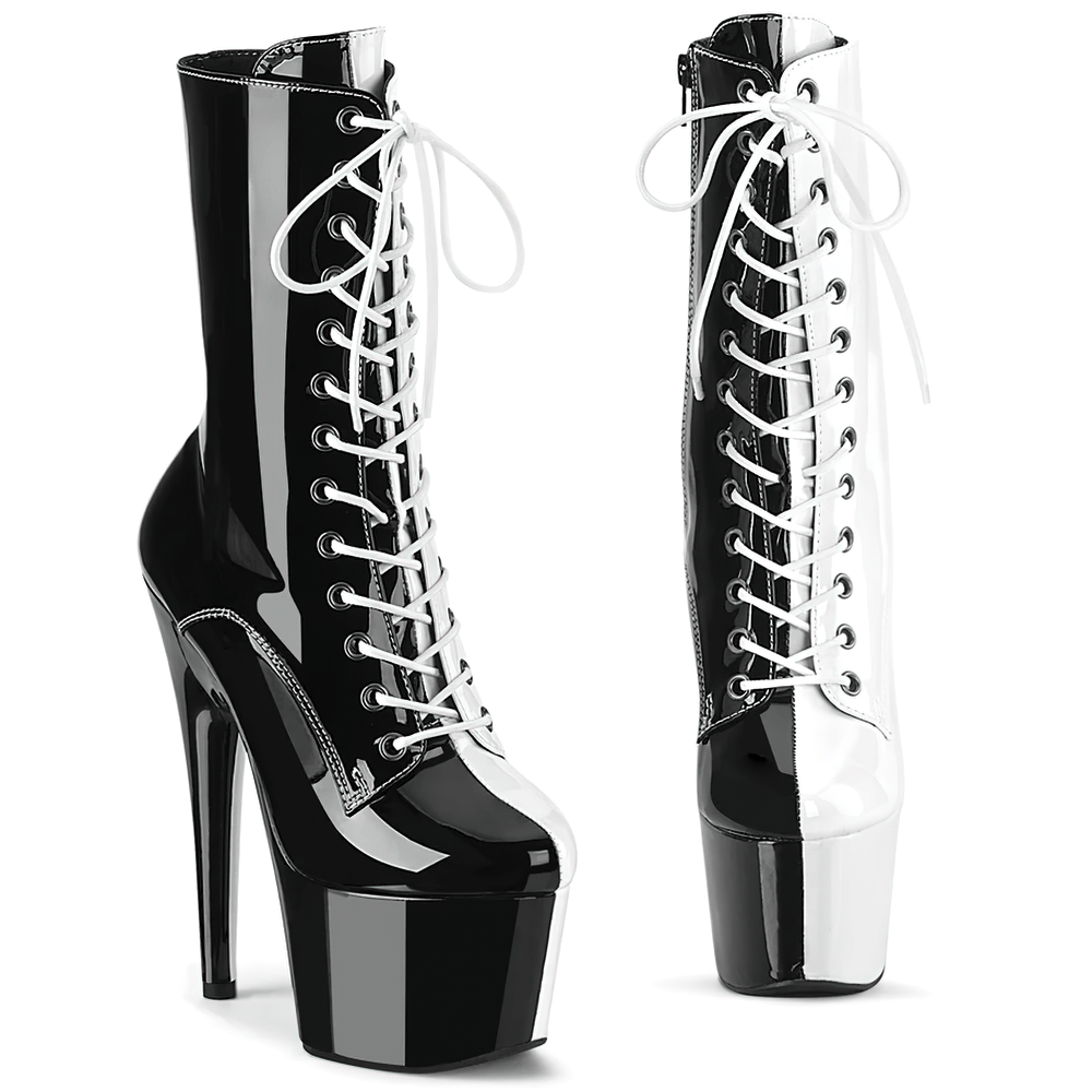 Stylish two-tone lace-up ankle boots with 7-inch heels and platform, perfect for bold fashion statements.