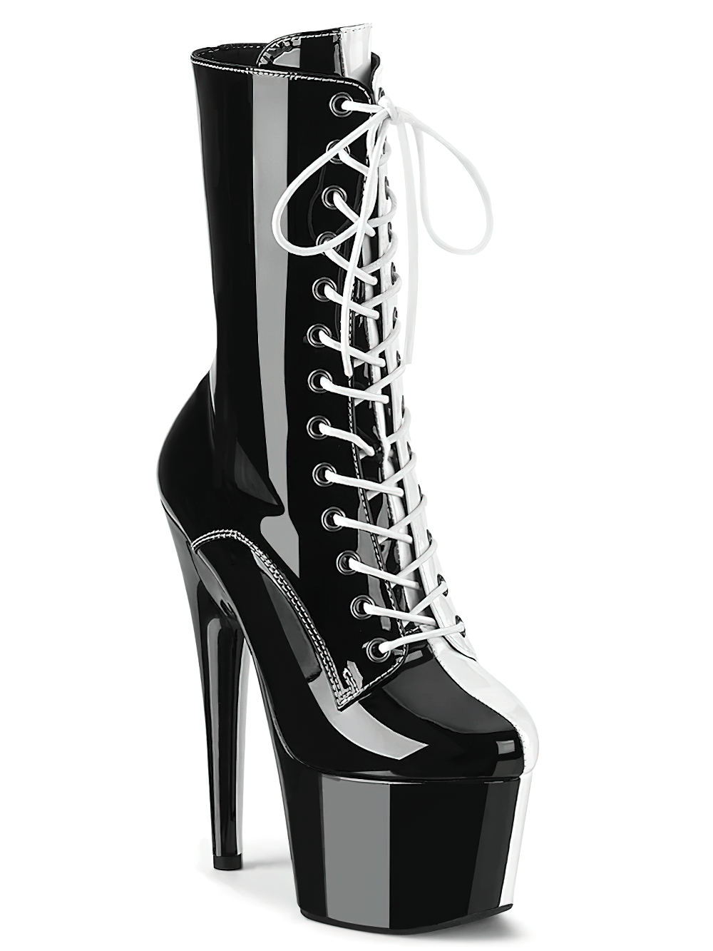 Two-tone lace-up ankle boots with 7-inch heels and side zipper, featuring chic platform and edgy design.