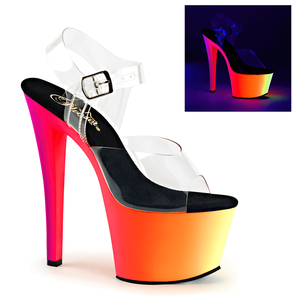 Neon glow platform sandals with clear straps and 7-inch heels for nightlife events