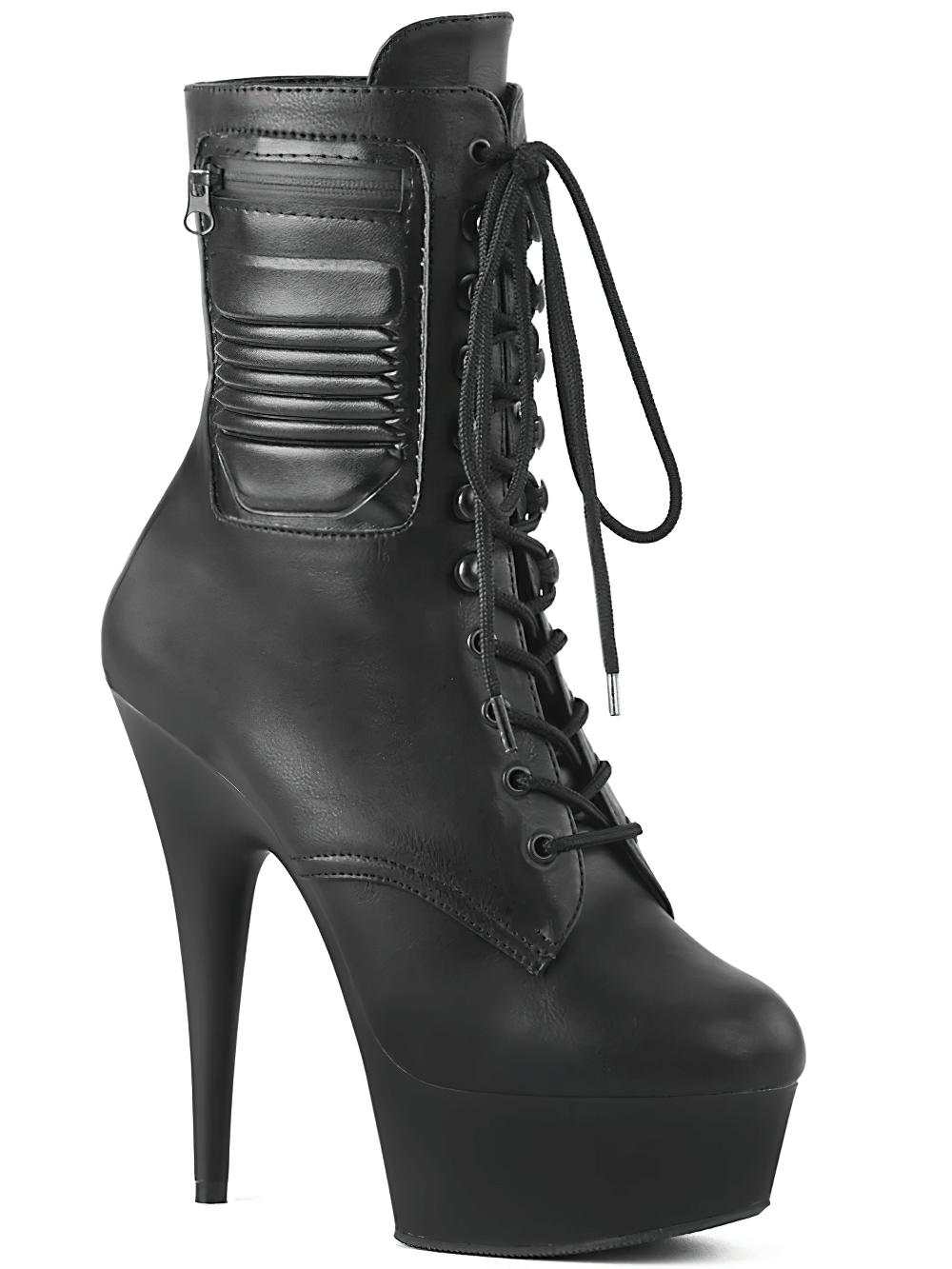 Bold black vegan leather lace-up ankle boots with zip pocket and 6-inch heel.