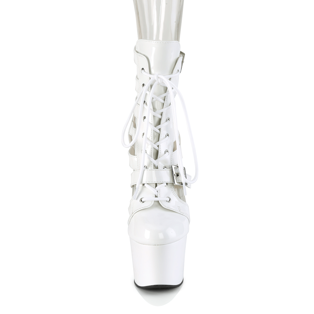 PLEASER White 7-Inch Heel Lace-Up Cage Booties with Buckles