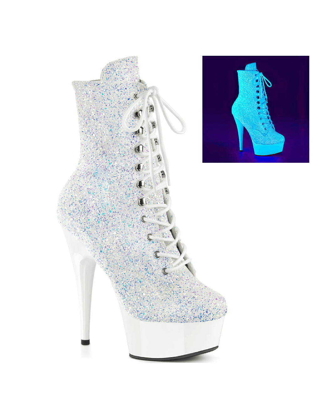 PLEASER White Glitter Lace-Up Boots with Neon Glow Effect