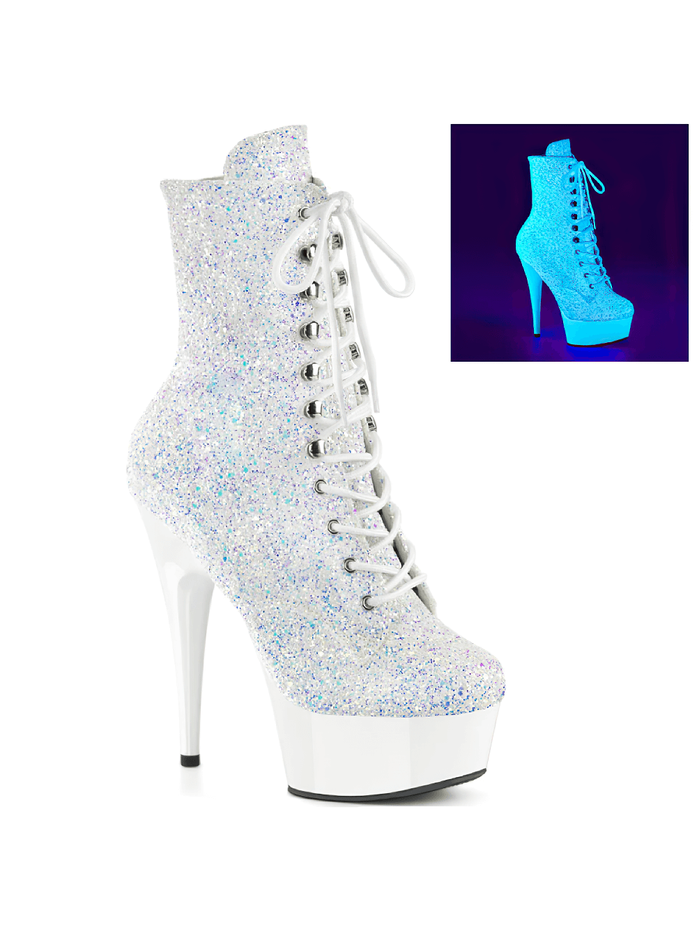 White glitter lace-up boots with neon glow effect, featuring a 6" heel and platform, perfect for clubbing.