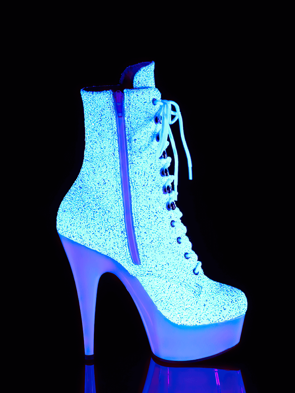 Shimmering white glitter lace-up ankle boots glowing under blacklight with a striking 6" heel and 1 3/4" platform.