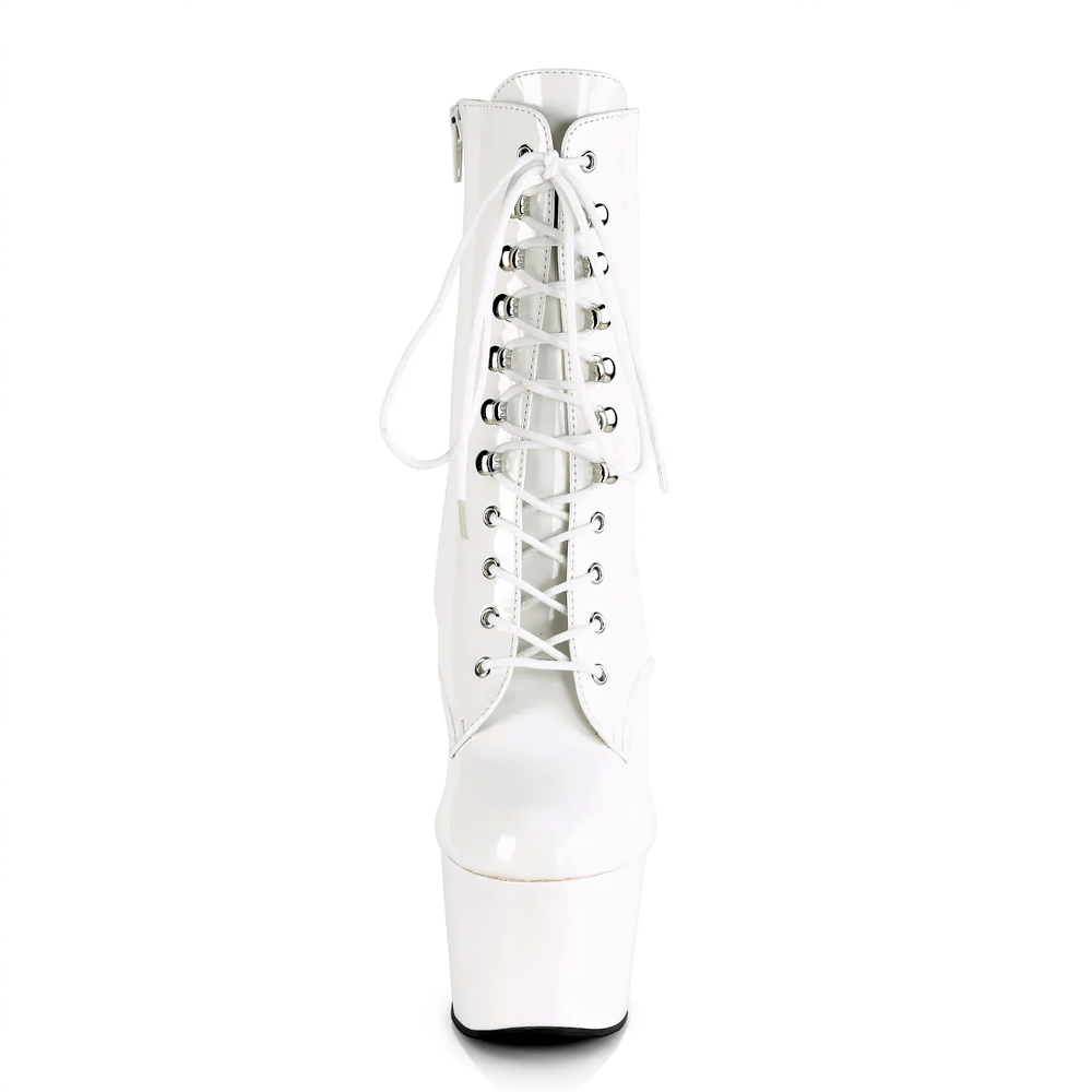 White lace-up ankle boots with 7-inch stiletto heel and platform, perfect for striking a bold look.