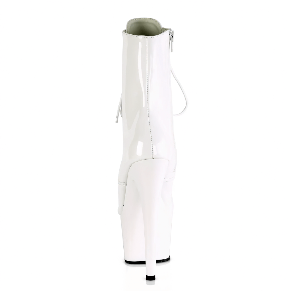 Back view of Pleaser white lace-up ankle boots with 7-inch stiletto heel and side zip, showcasing their sleek design.