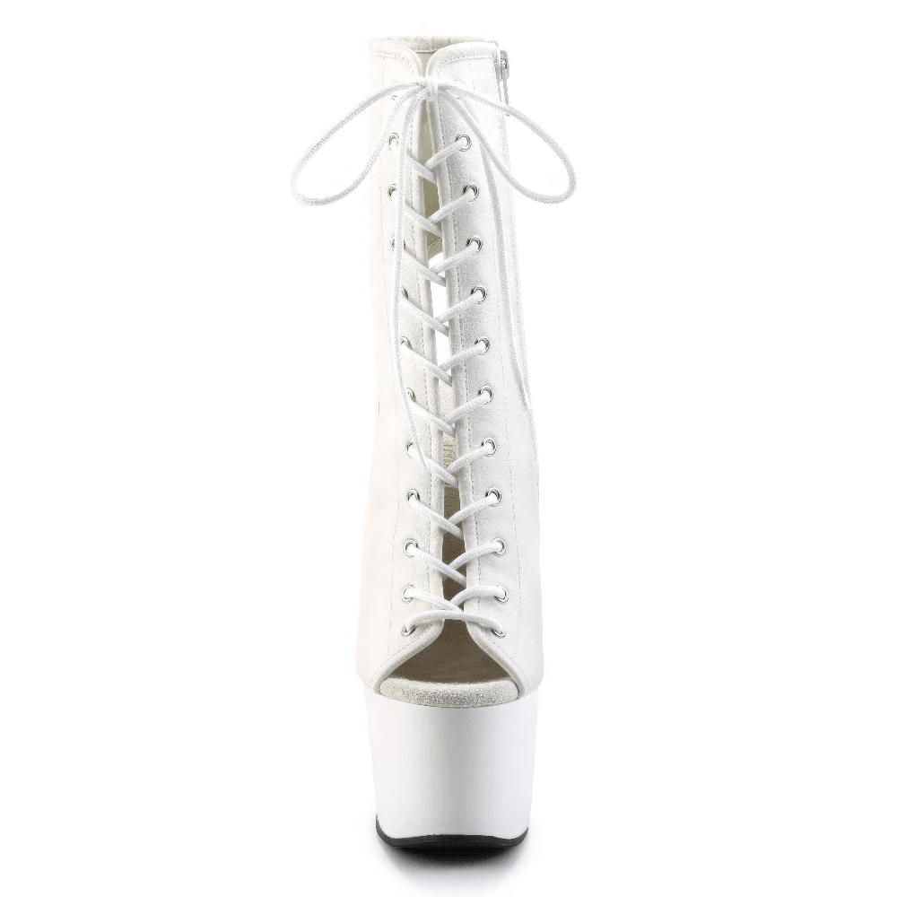 Stunning white lace-up ankle boots with open toe and high stiletto heel, perfect for adding glamour to any outfit.